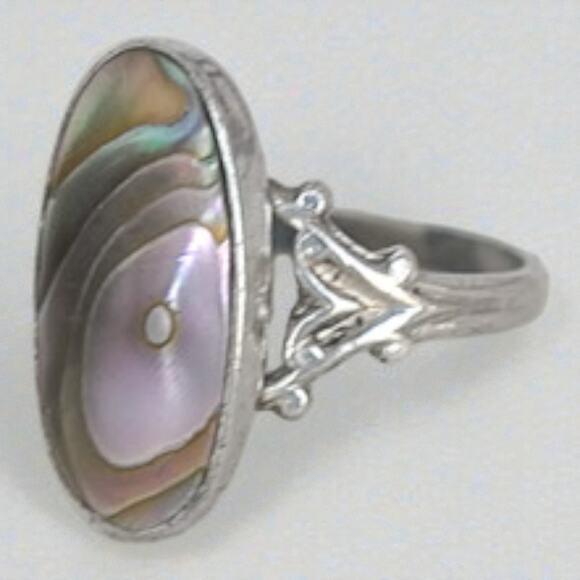 Vintage Sterling Silver Abalone Mother Of Pearl Oval Ring Boho Size 7.75 - Picture 3 of 8